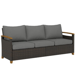 3 Seater Outdoor Couch Sofa, PE Wicker Patio Sofa, Wide Deep Seat, 4" Cushions, Wood-Effect Armrests Legs, Gray
