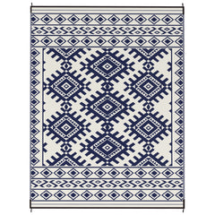 Reversible Outdoor Rug, Waterproof Plastic Straw with Carry Bag, 9' x 12', Blue & White Rhombus Border