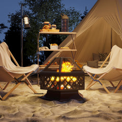 28" Outdoor Fire Pit with Grill Hexagon Fireplace Wood Burning Firepit with Cooking Grate, Fire Poker, Spark Screen Lid