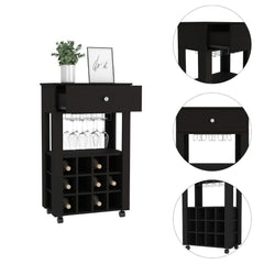 Symphony Bar Cart, Twelve Built-in Wine Rack, Four Legs, One Open Shelf -Black