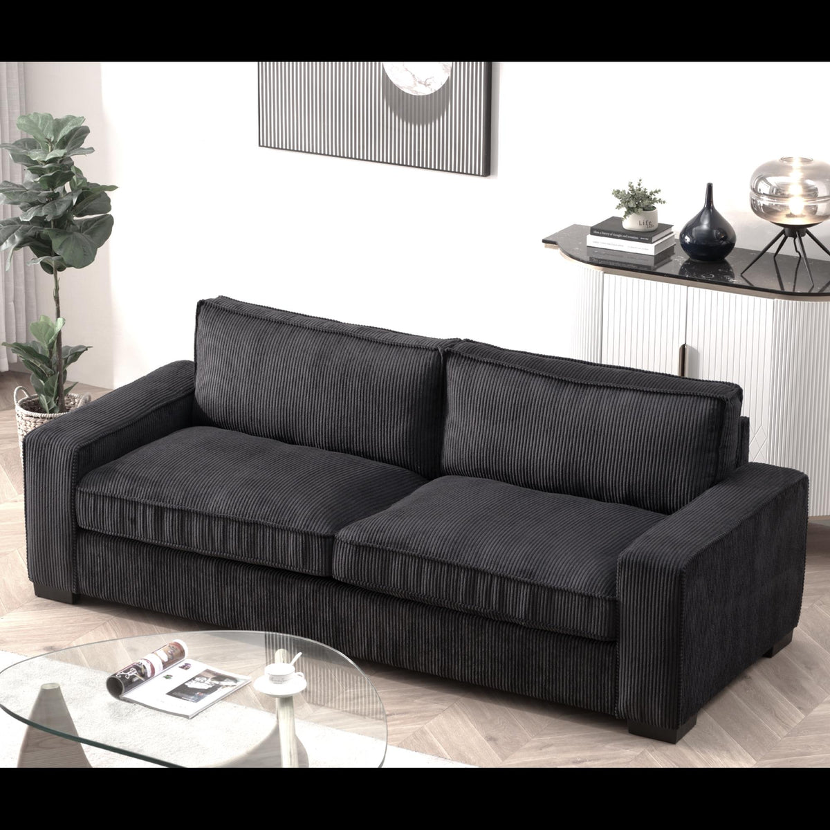 Odysseus Corduroy Sofa with Sleek Design, Spacious and Comfortable 3 Seater Couch for Modern Living Room, Ideal for Entertainment and Cozy Moments, Large, Black