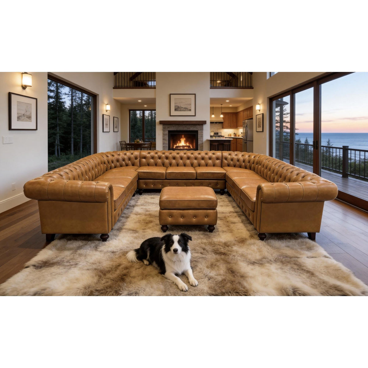 Saturn Vintage Style Leather Match U-Shape Sectional