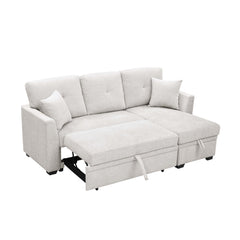 76.5" Chenille Upholstered Sectional with Pull-Out Bed and Chaise Storage