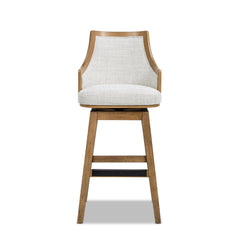 Pandora 30" Cane Rattan High-Back Swivel Bar Stool with Recessed Arms, Two-Tone Neutral Gray Polyester Wool Blend