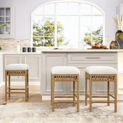 Demeter 25.5" Backless Upholstered Counter Stool with Resin Rattan Frame, Ivory White Boucle