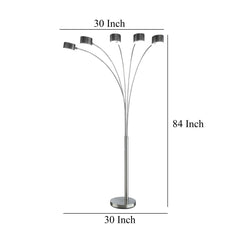 5 Arm Arched Floor Lamp, 84 Inch Chrome Metal Sleek Stem, Round Base