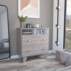 Armageddon Two Drawer Dresser, Two Open Shelves, Superior Top, Four Legs -Light Gray / White