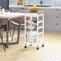 Mobile Kitchen Cart, Rolling Kitchen Island with Storage, Solid Wood Frame Utility Cart with Wire Fruit Baskets and Drawer, White