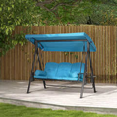 3-Seat Outdoor Porch Swing Chair with Adjustable Canopy, Cushion and Pillows for Garden, Poolside, Blue