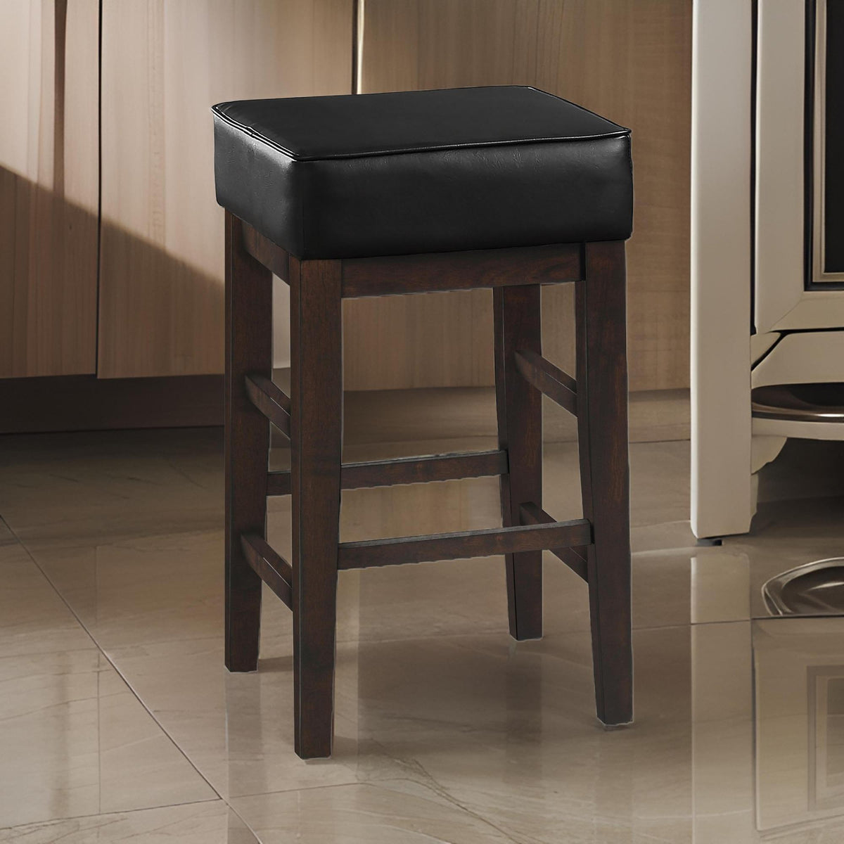 Perseus 26 Inch Counter Height Stool, Black Faux Leather Seat, Dark Brown, Set of 2