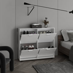 Aurora 4-Door Shoe Rack Cabinet With Multiple Shelves, Modern Footwear Storage, White