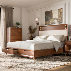 Mid-Century Modern 1pc Eastern King Size Bed w Storage Drawers Walnut Solid wood Upholstered HB Reading Light Bedroom Furniture
