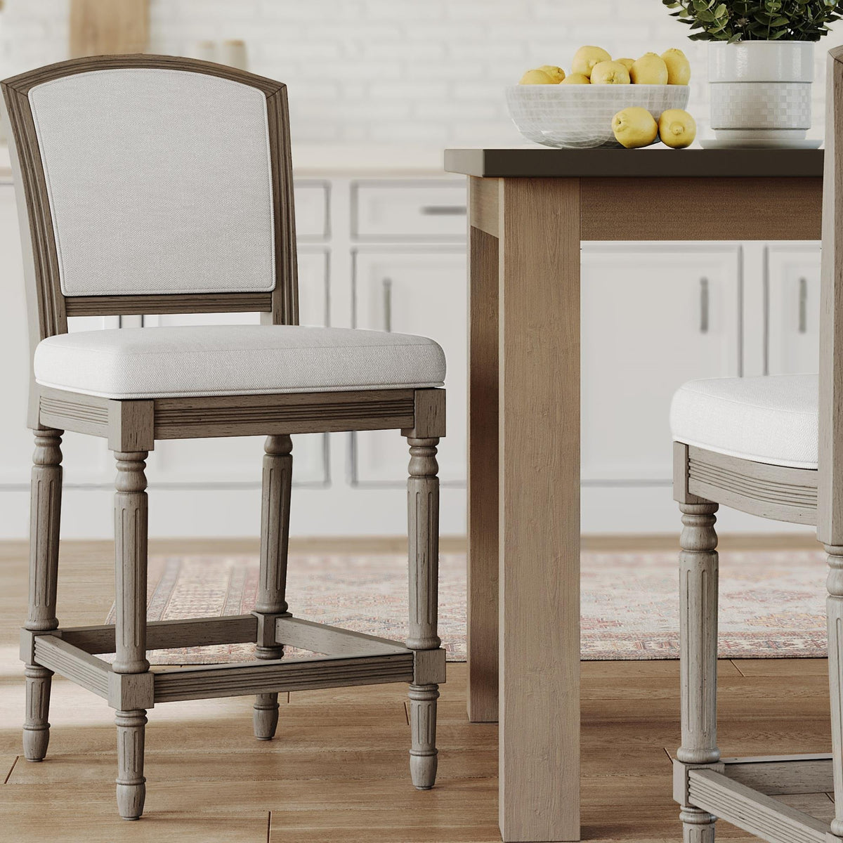 26" Weathered Gray Counter-Height Bar Stool with Gray Upholstered Seat and Back, 1PC