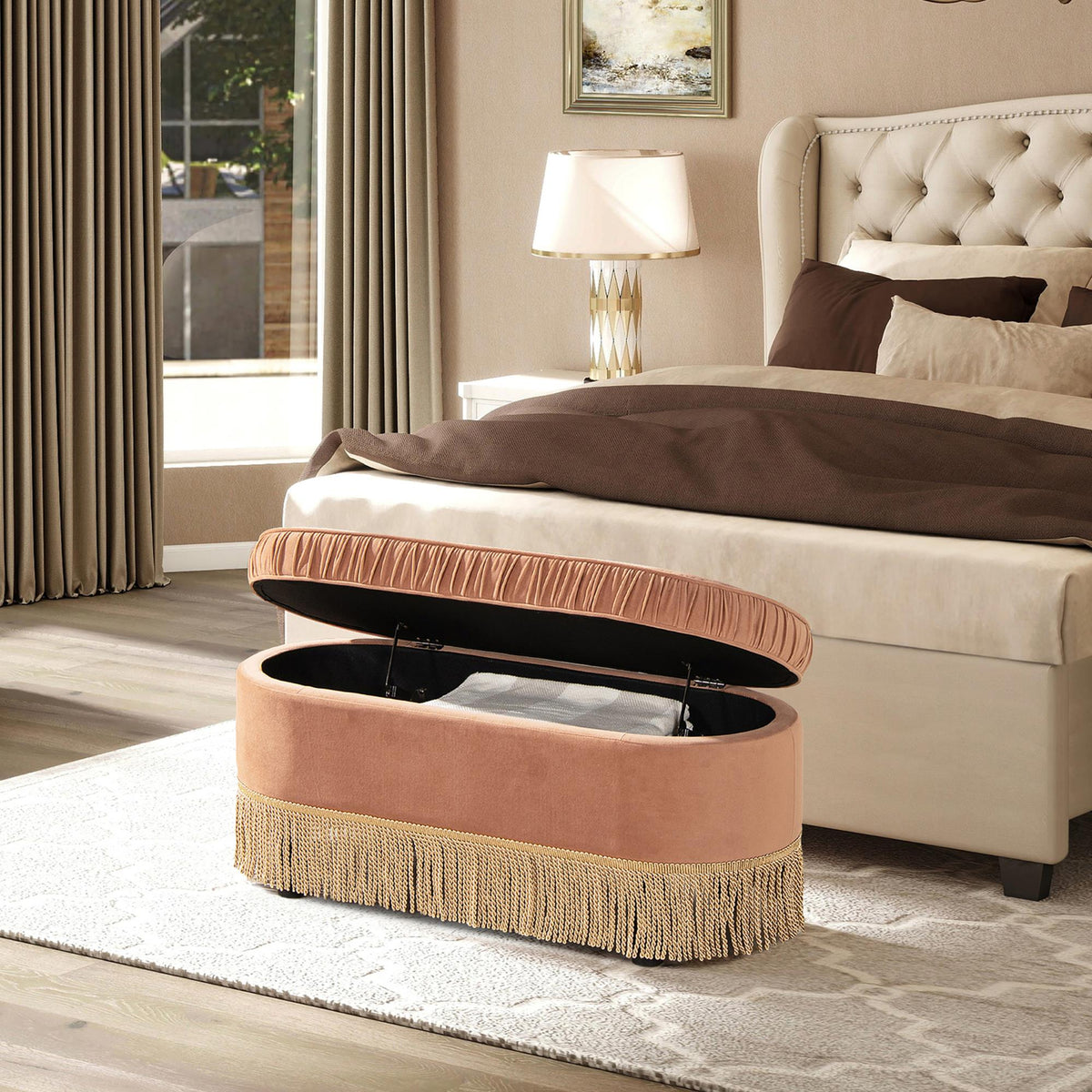 Tale 38" Oval Storage Bench Ottoman, Peach Orange Velvet