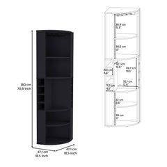 71" Corner Bar Cabinet with Five Shelves, Eight Bottle Cubbies and Stemware,Black