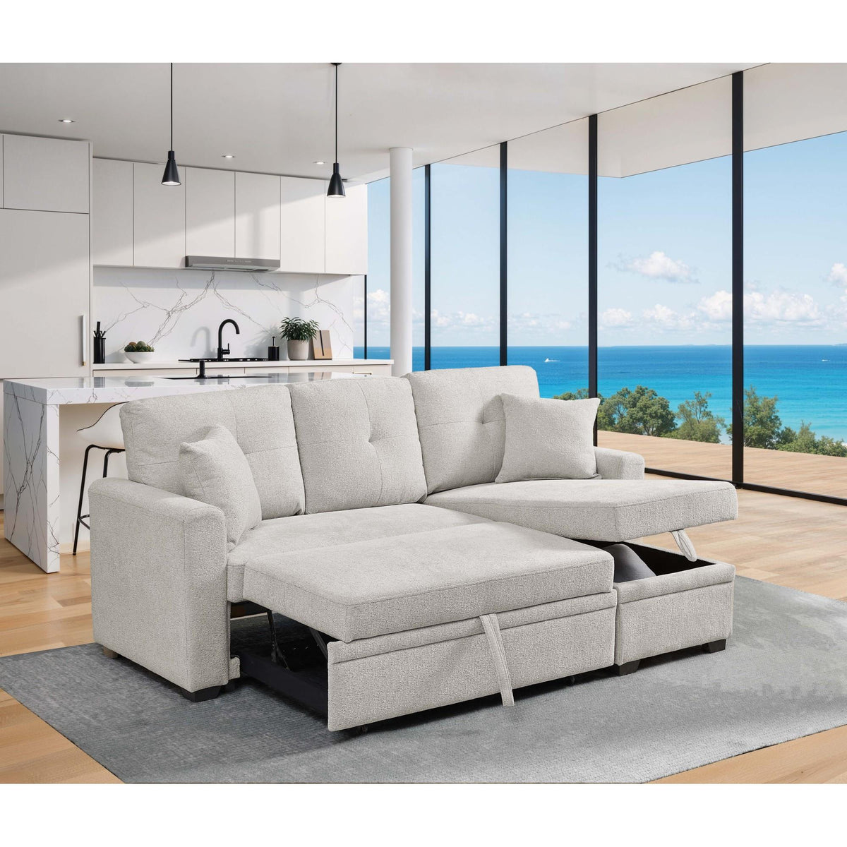 76.5" Chenille Upholstered Sectional with Pull-Out Bed and Chaise Storage