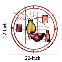 22 Inch Round Metal Wall Decor With Vase, Multicolor