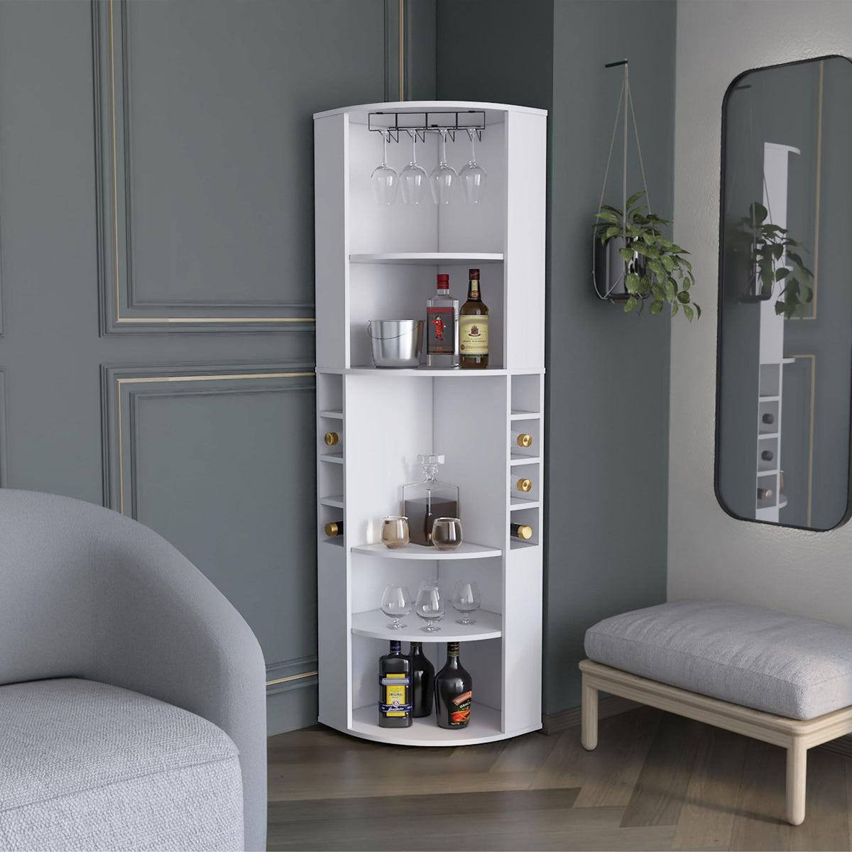 Aura Corner Bar Cabinet with Five Shelves , Eight Bottle Cubbies and Steamware White