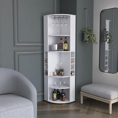 Aura Corner Bar Cabinet with Five Shelves , Eight Bottle Cubbies and Steamware White
