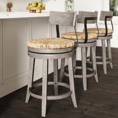 26" Wood Counter-Height Bar Stool with Natural Seagrass Seat, Reclaimed Gray, 1PC