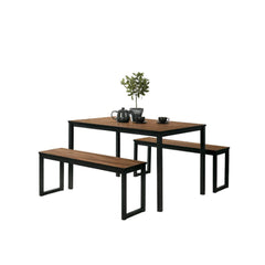 Industrial Style 3pc Dining Set 1x Dining Table 2x Bench U-Shape Metal Legs Wooden Top Walnut And Black Finish