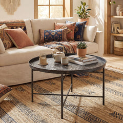 Coffee Table for Living Room, 24" Round Center Table with Hammered Tray Top and Metal Frame for Bedroom, Pewter