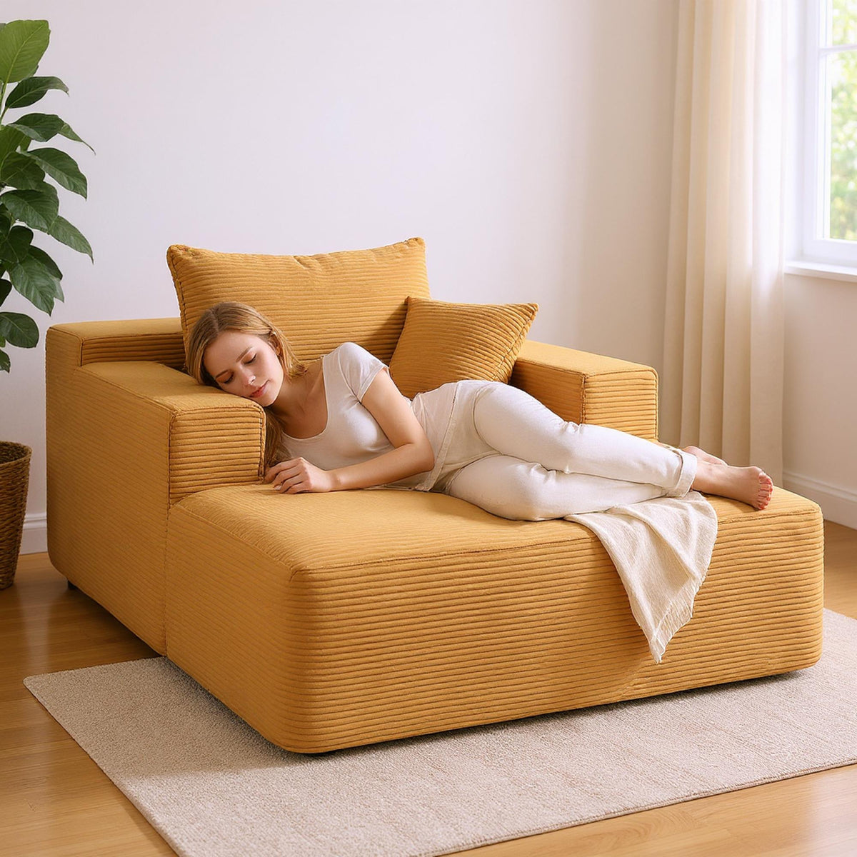 Convertible Chaise Lounge Chair Indoor – Oversized Corduroy Couch with Wide Armrest & Throw Pillows, Cozy Boneless Sleeper Sofa Bed Armchair,  No Assembly Required, Ginger Yellow