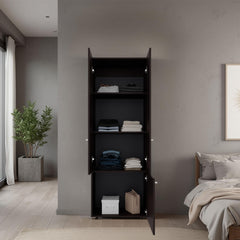 Home 3 Door Closet System with Hanging Rod for clothes and interior Shelves, Manufactured Wood Freestanding Bedroom Storage, Utility Room or Laundry Room Furniture, Stained Walnut