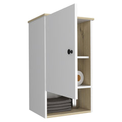 Display Single Door Cabinet 28" H, One Shelf, Two Interior Shelves, Light Oak / White