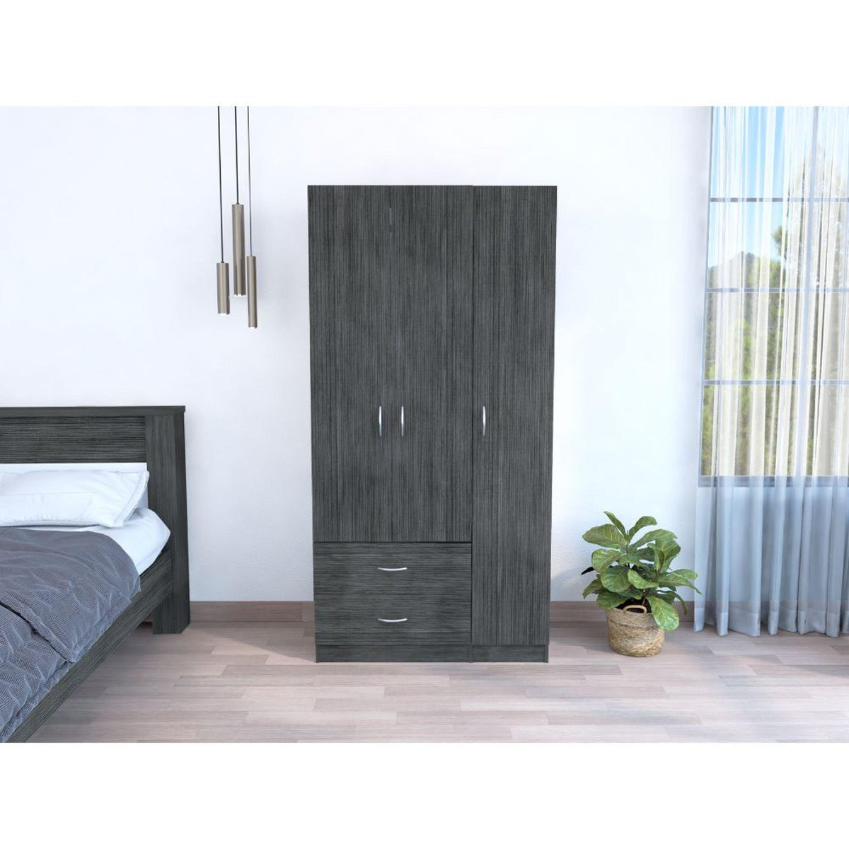 Crown 3 Door Armoire with Two Drawers, Shelves, and Hanging Rod - Smokey Oak . White