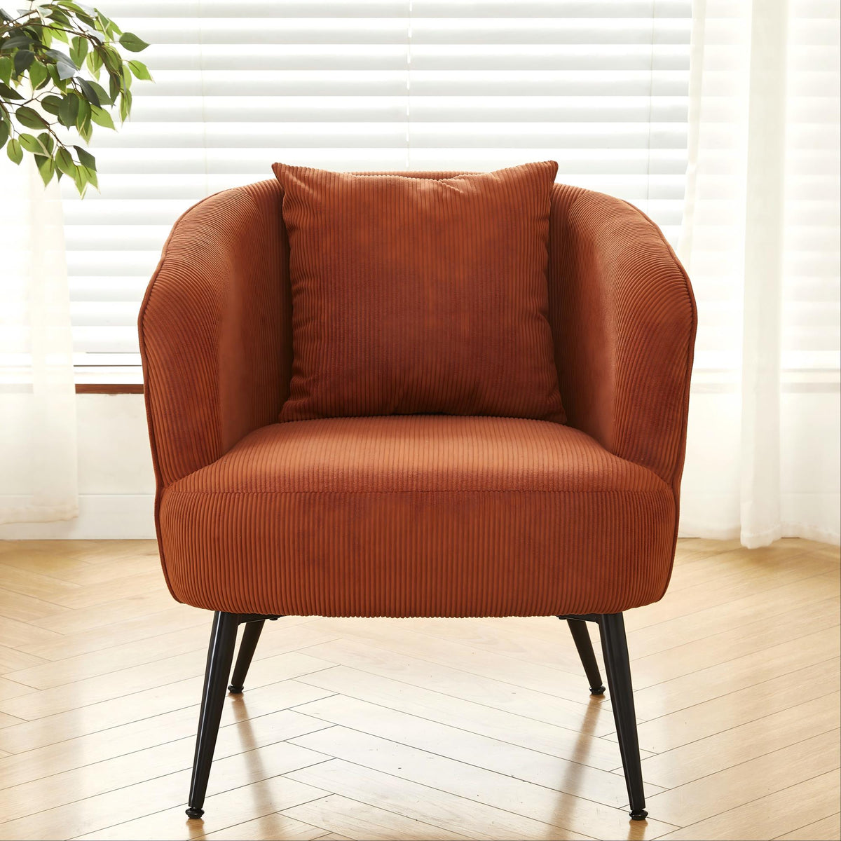 Velvet Accent Chair with Pillow, Modern Upholstered Armchair with Metal Legs, Comfy Barrel Chair for Living Room Bedroom