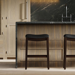 Story H Bar-Height Wood Barstool with Black Faux-Leather Seat, 1PC