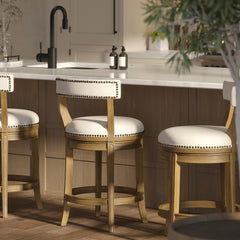 26" Counter-Height Bar Stool, Pecan Finish with Linen Fabric Seat and Back, 1PC