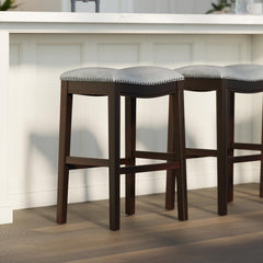 Story H Bar-Height Wood Barstool with Gray Faux-Leather Seat, 1PC