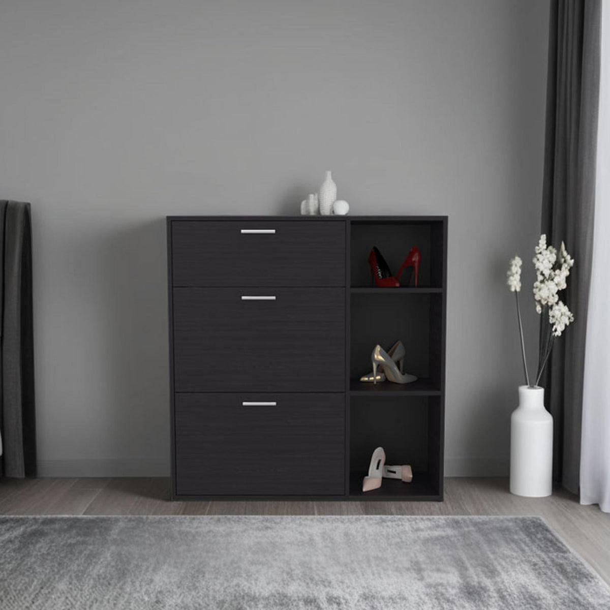 Crown 3-Door Shoe Rack with Interior Shelves And Side Shelves, One Drawer Storage Cabinet for Shoes and Accessories