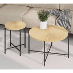 Nebula Pattern 2-Piece Coffee and End Table Set – Waterproof MDF with PVC Cover, Distressed Cylindrical Design, Black Metal Legs – Classic Rustic Charm, Technical Wood