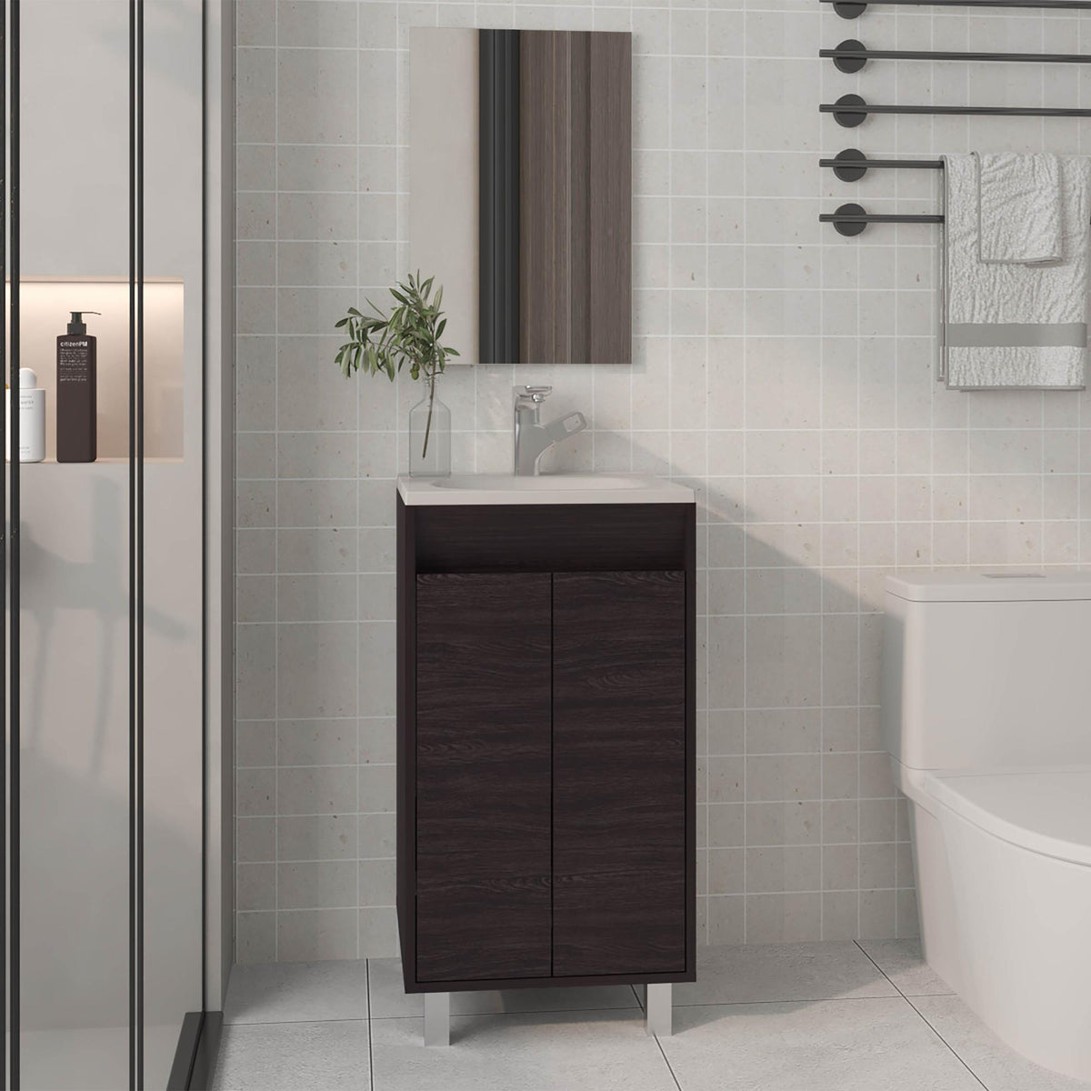 Mirage Mirror Bathroom Cabinet , One Door, Two Shelves, Black