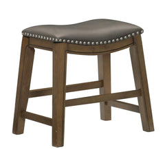 Avalon 20 Inch Dining Stool, Gray Faux Leather, Brown Solid Wood, Nailheads