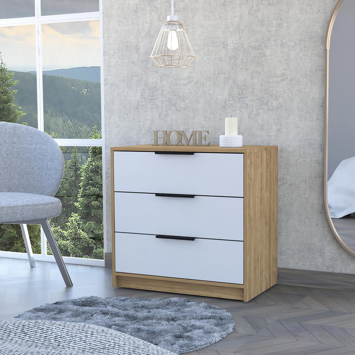 Lyra 3 Drawers Dresser, Superior Top -White / Pine