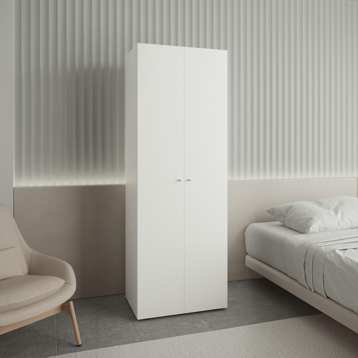 Home 2 Doors Closet System Armoire, Hanging Rod and Storage Shelf, Modern Armoire for Bedroom Organization Storage, White
