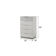 Hecuba Chest White – Two-Tone High-Gloss Marble & Lacquer Finish with Five Smooth-Glide Drawers, Velvet-Lined Top Drawer