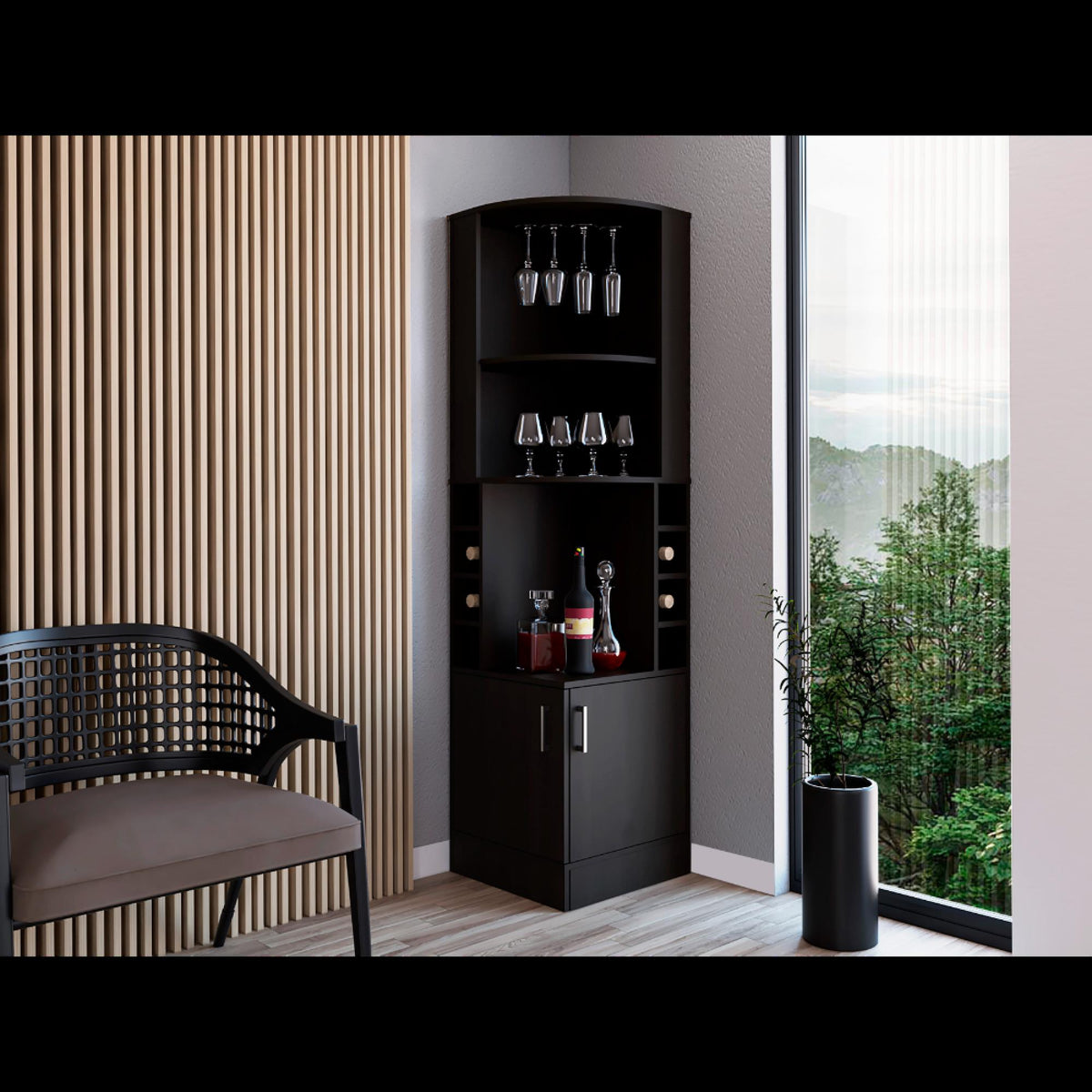Asteroid bar cabinet 71" H, with two shelves at the top, 1 glass holder, 8 exterior bottle racks, 1 central shelf and a lower drawer with 2 side doors, black