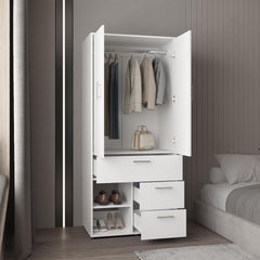Vista Armoire with Double Doors, Interior Hanging Rod, Shoe Racks and Multiple Drawers, Freestanding Wardrobe