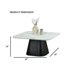 Contemporary Style Square Coffee Table Faux Marble Top Reeded Drum Base Black Finish Primary Living Room