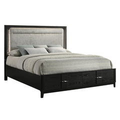 Mars Modern King Storage Bed with LED Upholstered Headboard, Sintered Stone Top, Velvet-Lined Storage Drawers in Black Wood-Grain Finish