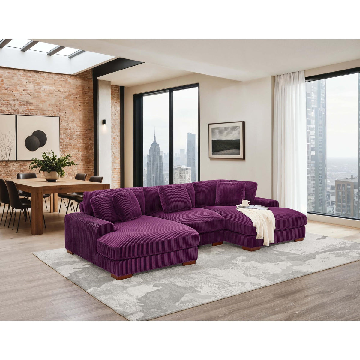Large Seating Corduroy Upholstered Double Chaise Sectional