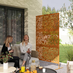 Decorative Privacy Fence Screen, Metal Outdoor Privacy Screen Climbing Plant Trellis with Stand, Bamboo Brown