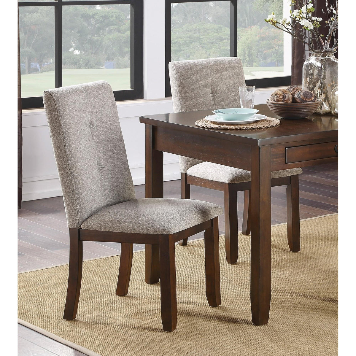 Chenille Upholstered Chairs Set of 2 Dark Cherry Finish Wood Frame Tufted Back Dining Chairs for Kitchen Funiture