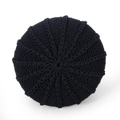 Poseidon Knitted Cotton Round Pouf, Dark Blue