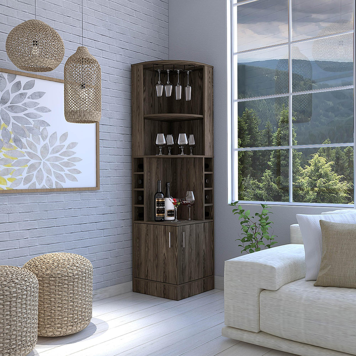Story Corner Bar Cabinet, Two External Shelves Espresso